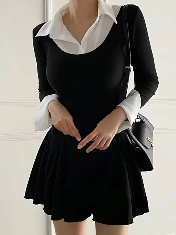 الخريف/الشتاء النسخة الكورية الجديدة بولو التلبيب التباين اللون فستان بكم طويل المرأة Cinching الخصر التفاف الورك فستان قصير F407 #2