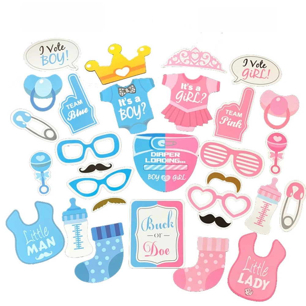 30-teiliges Set Gender Reveal Foto-Requisiten Blau oder Rosa Handgehaltene Papier-Foto-Requisiten Geburtstagsdekoration Gender Reveal Party Foto-Requisiten