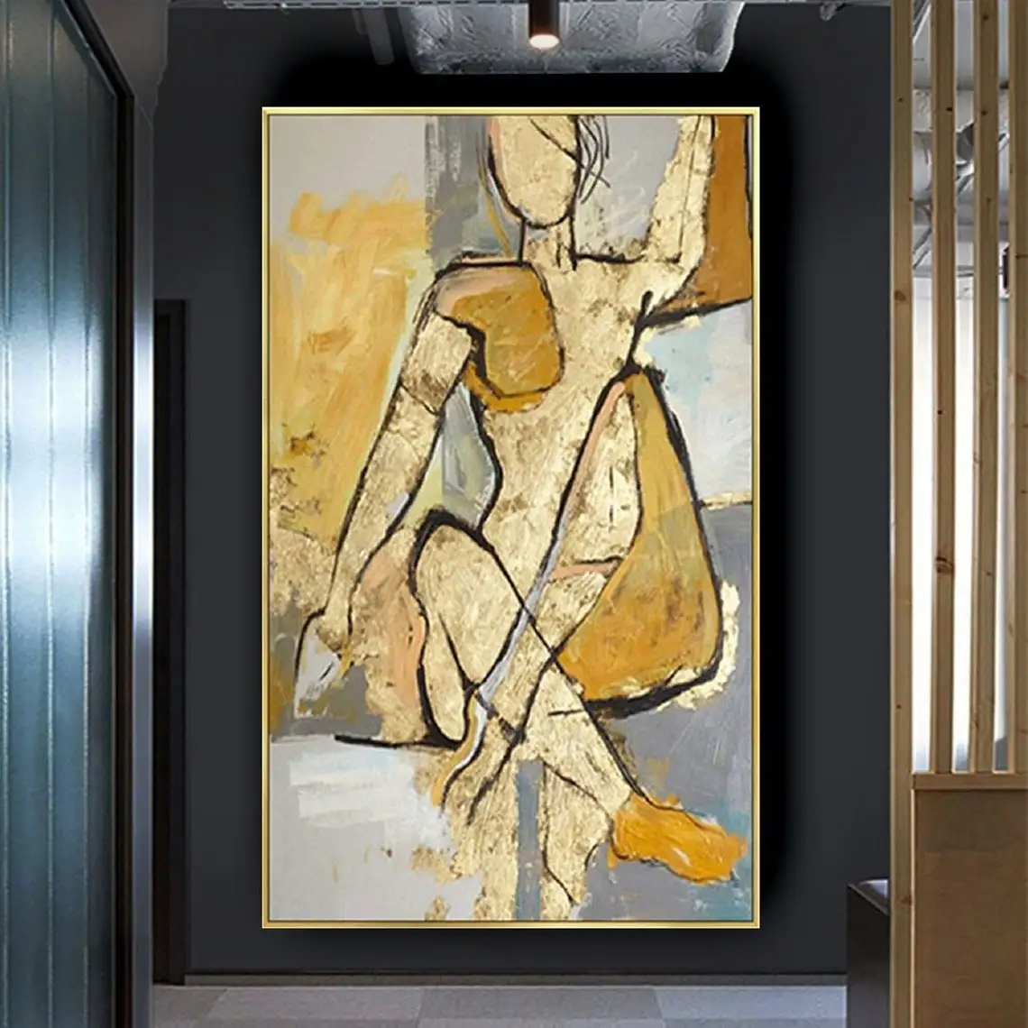 Golden Figure Outline Hand Painted Oil Painting Large Modern Abstract Figures Wall Art Home Decor For Living Room Office Gifts