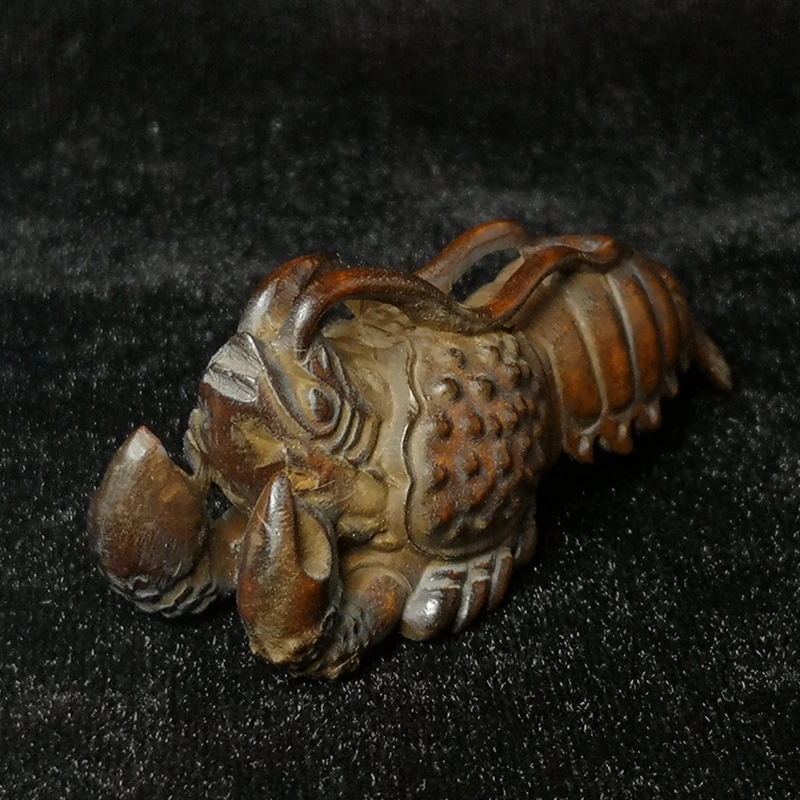 1919 Antique art Size 3 Inch Old Chinese boxwood Hand carved lovely lobster Figure statue Decoration Netsuke Gift Collection