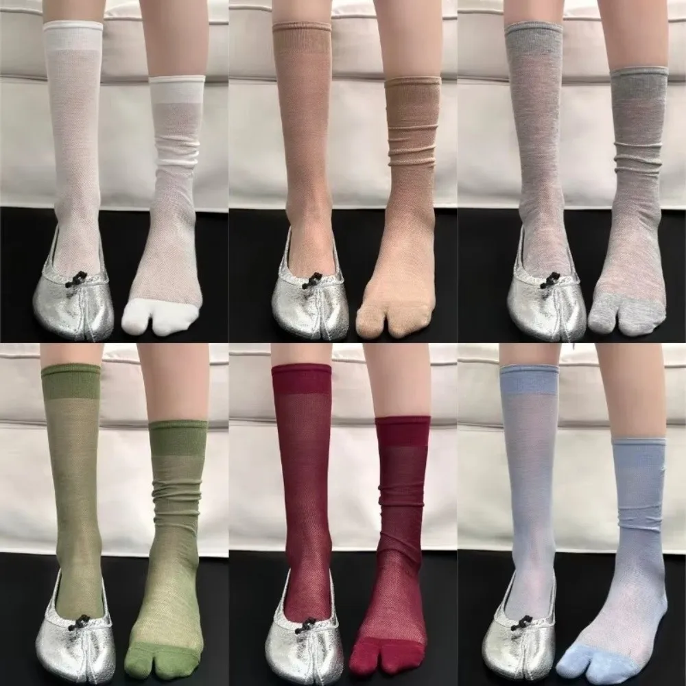 Sheer Mesh Split Toe Socks Thin Fabric Stackable Design Mid-Calf Socks Breathable Material Hollow Out Slouch Socks
