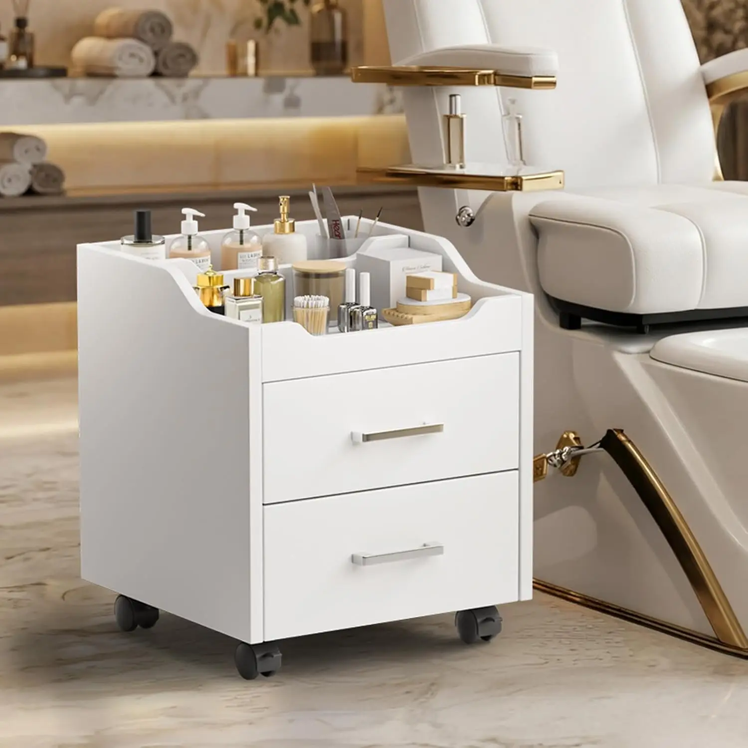OmySalon Pedicure Cart with 2 Drawer, White Foot Bath Trolley, Portable Nail Esthetician Salon Cart for Foot Massage Manicure, B