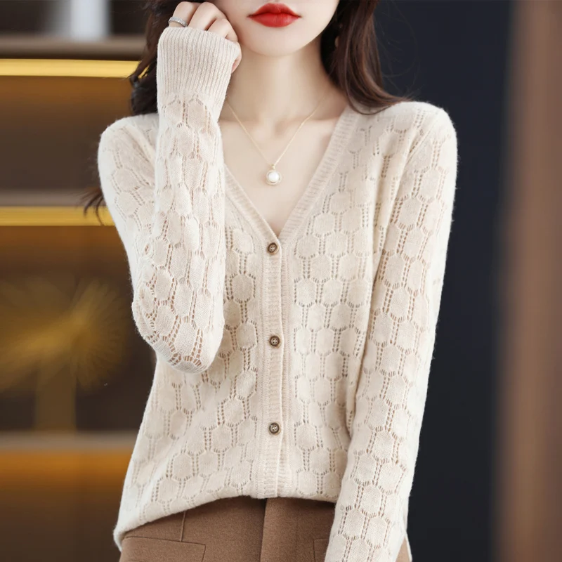 Women's Cardigan 100% Australian Wool Heavy Craft Hollow Versatile Temperament Light Luxurious High Value Long Sleeve Outer Wear