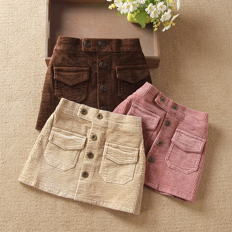 Children's clothing Girls' skirt autumn clothing DenimGirls' short skirt Children's hip-wrapped corduroy Baby pink Kilt