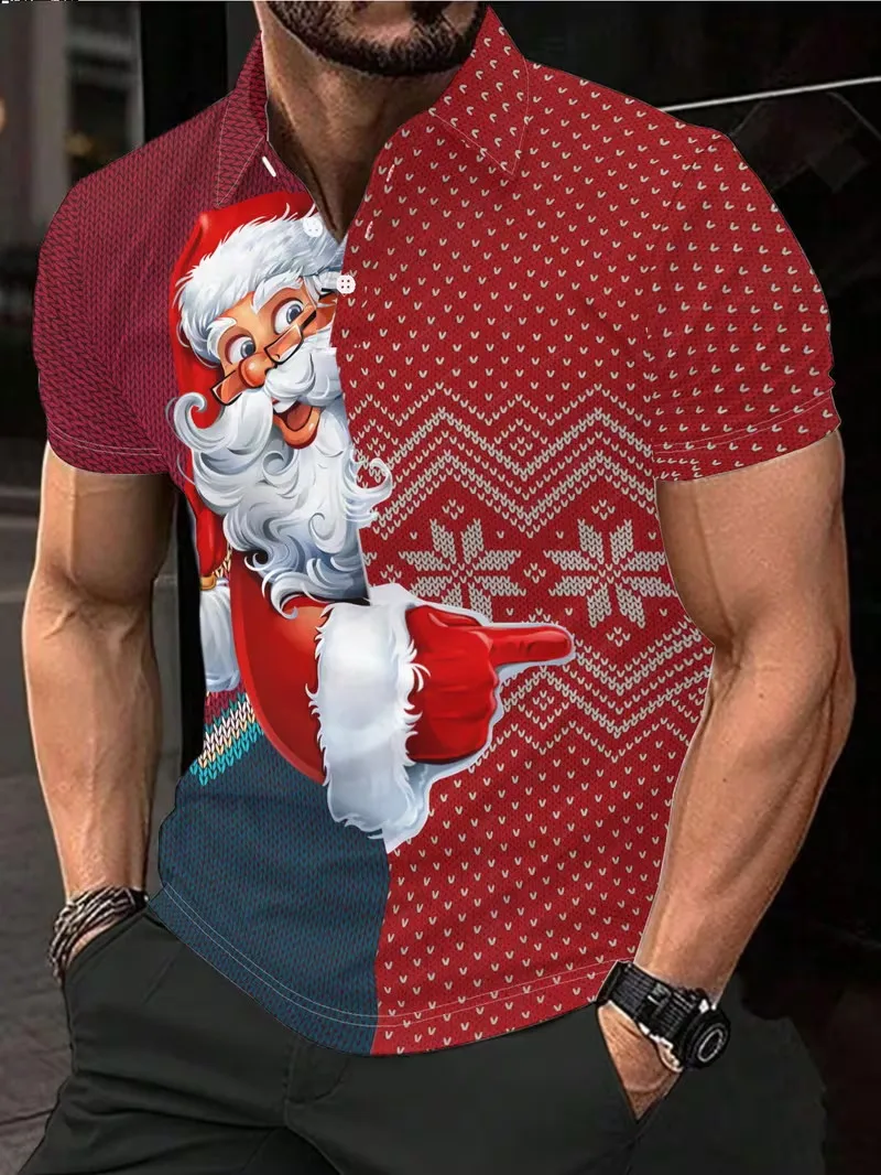 Men Vintage Red Christmas Print Polo Shirt Short Sleeve Gingerbread Man Wreath Bell Lantern Xmas Holiday Wear polo shirt For Men