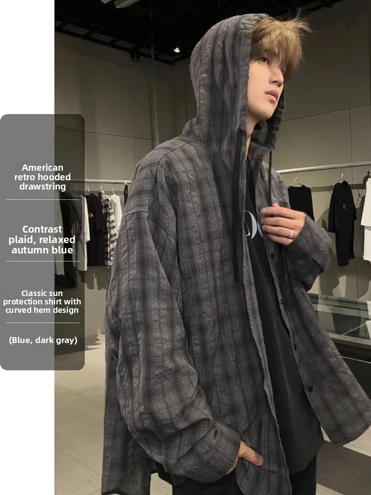 Loose Fit Plaid Bubble Shirt Hooded Long Sleeve Lightweight Summer Sun Protection Men's Casual Outerwear Spring Youth Fashion