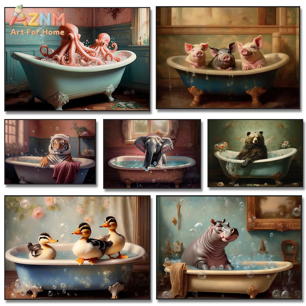 AZNM Cute Animals Bathtub Frameless Canvas Wall Art, Funny Octopus Pig Duck Print for Bathroom Restroom Decor