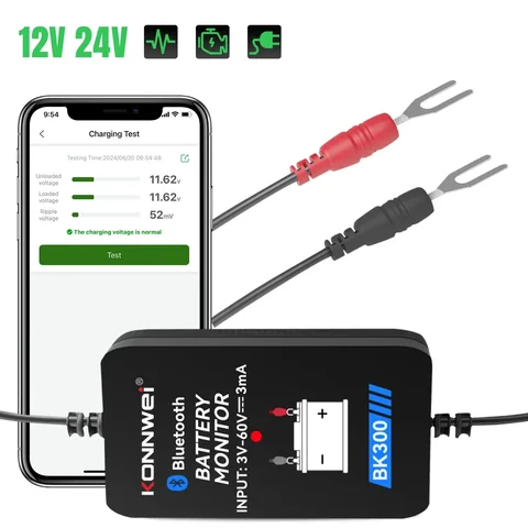 Тестер автомобильных аккумуляторов KONNWEI BK300 12В/24В с Bluetooth – анализатор формы импульсов, инструмент для проверки заряда и запуска, совместимый с iOS и Android