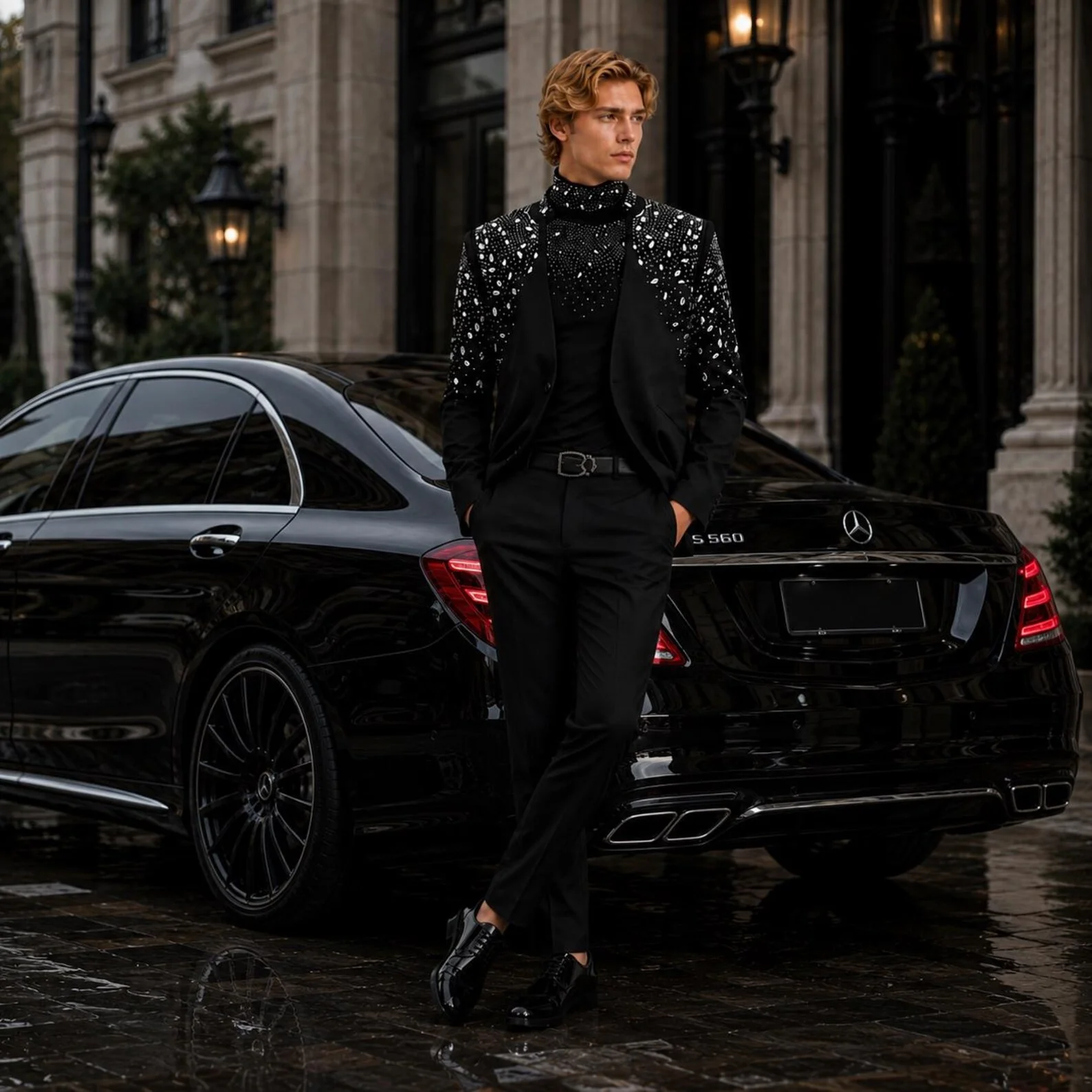 Luxury Black Men 2 Pieces Set Suits Jewelry Decoration One Button Slim Fit Lapel Tuxedos Wedding Groom