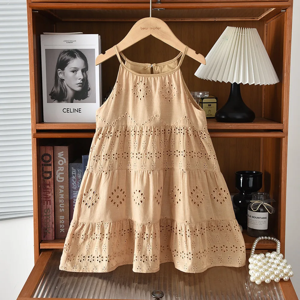 Solid Color Casual Children's Dress Khaki Hollow Print Girls Dresses Fashionable Casual Vacation Children's Clothing Summer