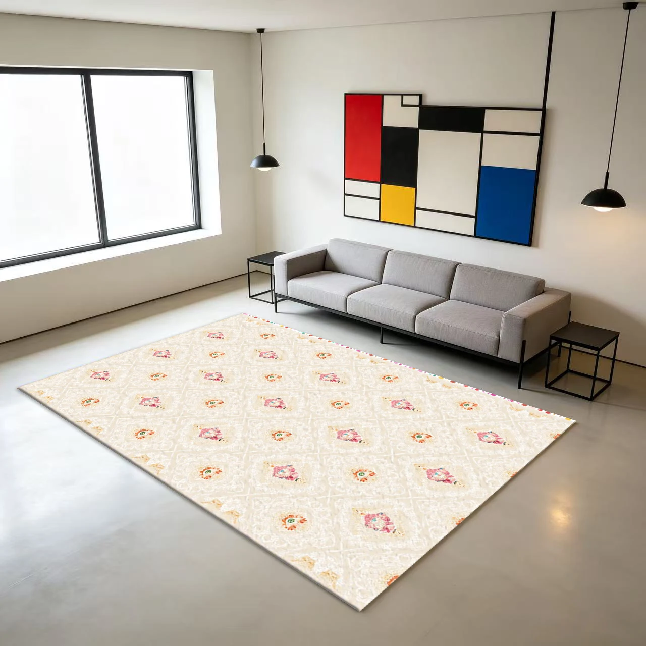 Vintage Beige Bohemian Style Floral Geometric Pattern Carpet Floor Mat Printed Rug Suitable for Apartment Home Decor