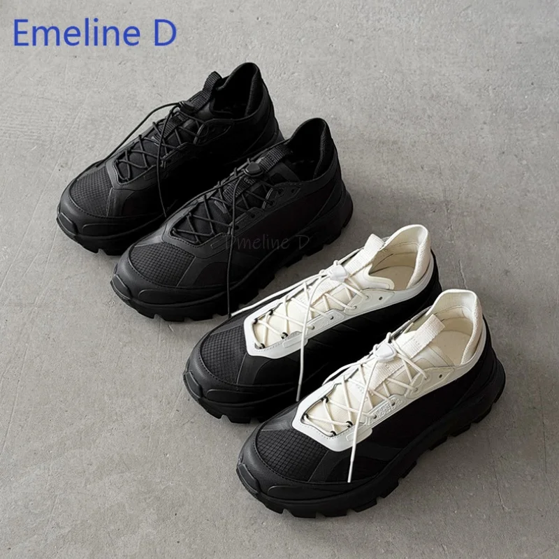 Low Top Trail Sneakers Ventilated Grid Mesh Fabric Lacing Round Toe Chunky Platform Sole Outdoor Trekking Daily Casual Shoes
