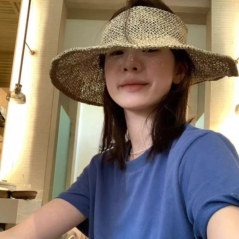 

Новая складная соломенная шляпа из грубого льна с перфорацией в корейском стиле, портативная, с широкими полями, для защиты от солнца, для пляжного отдыха, для женщин, 2026 год