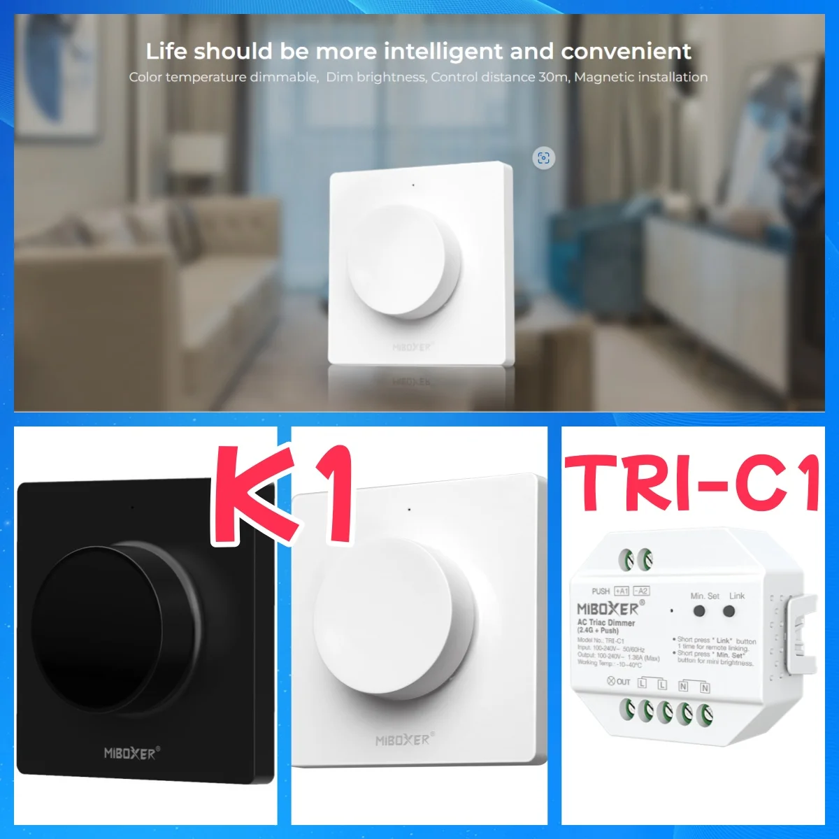

Miboxer K1 Rotating Switch Panel Remote For Single Color Lights AC110V-220V TRI-C1 Triac RF Push Dimmer Wireless Push Dimming