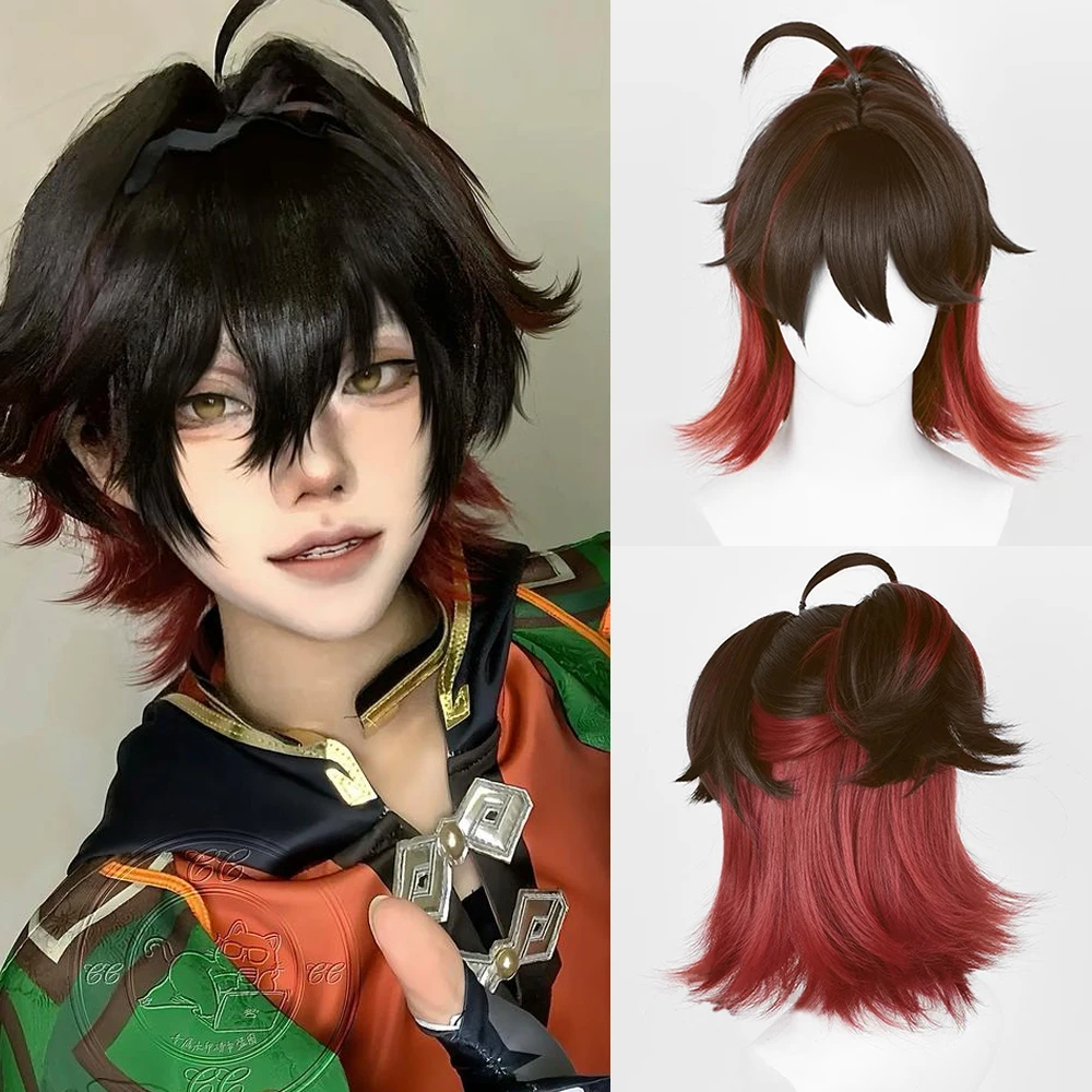 

Черный омбре-красный многослойный парик, короткий прямой синтетический парик для косплея в стиле аниме и игр, пушистый парик-хвост на заколке для повседневной носки и вечеринок