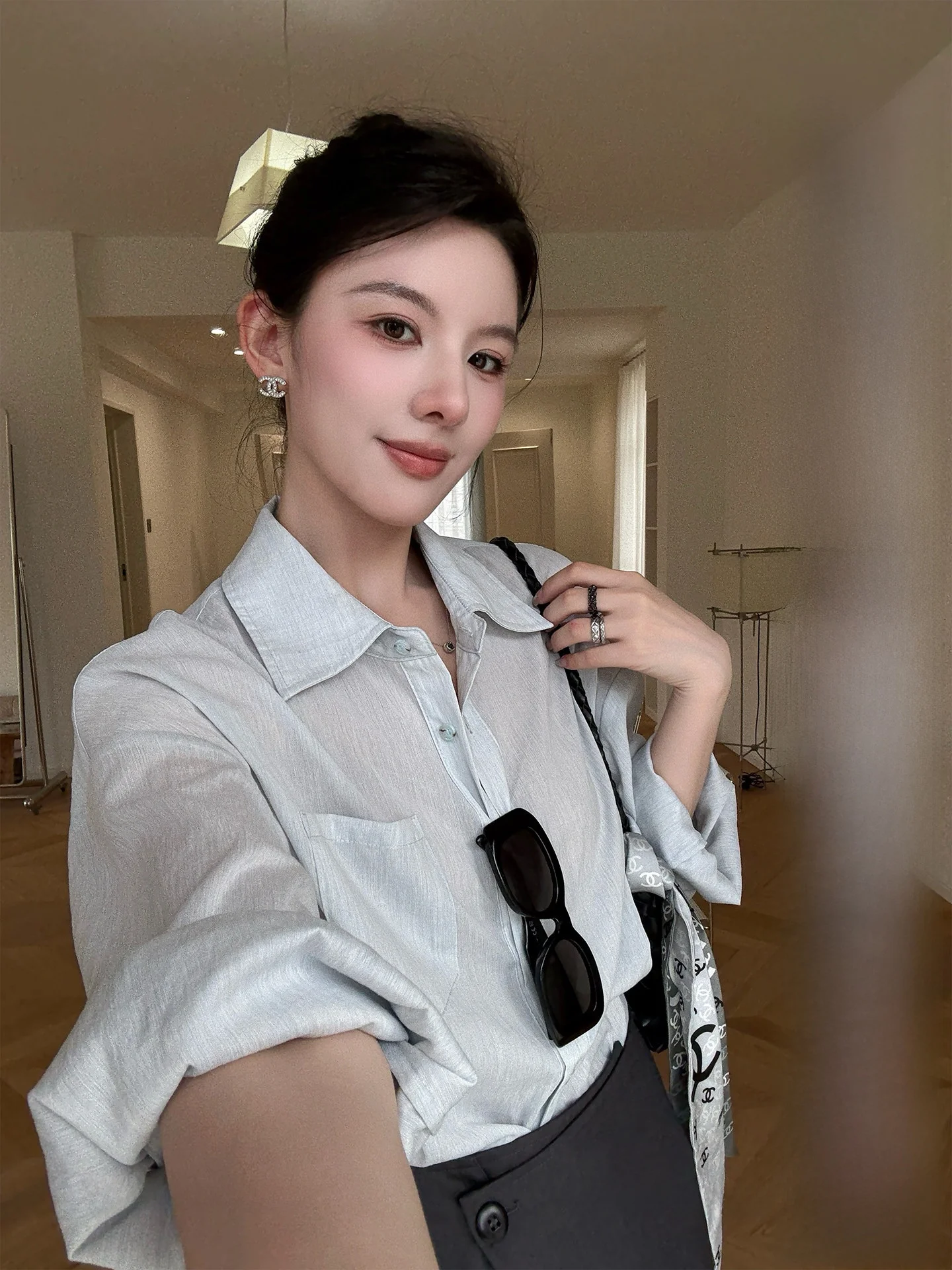 

Loose Women's Blue Korean Sle Iceland irt Textured Sensation Casual Top Polyester Fiber Long Sve Spring Commute irt