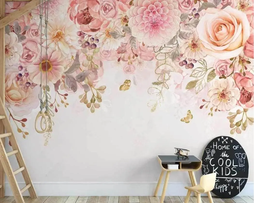 Customized size wallpaper, hand-painted flowers, vines, murals, home decor, pink and blue cartoon decorations 3d wallpaper