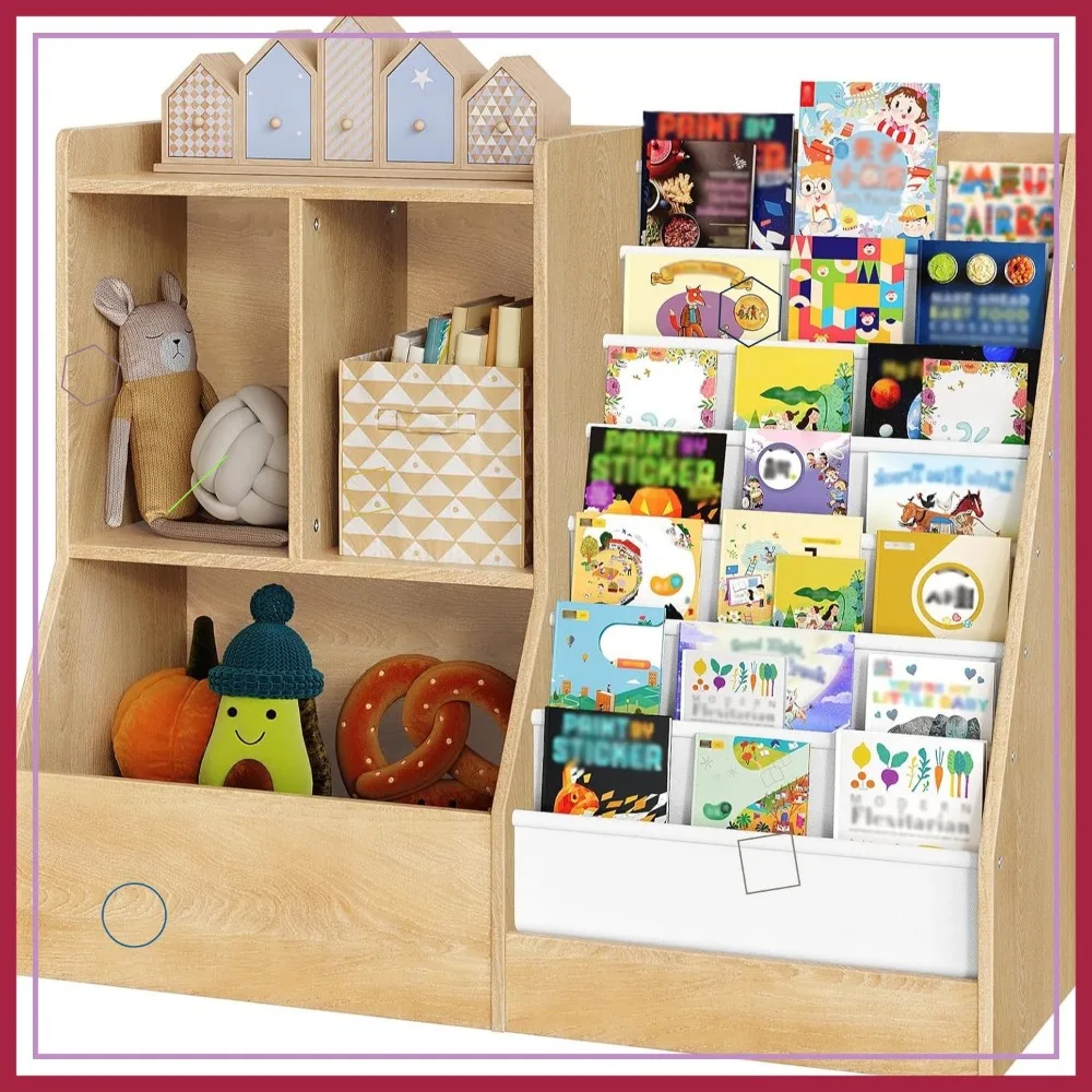 39.4" Kids Bookshelf with 7 Fabric Slings, Toy Storage Organizer for Playroom and Bedroom