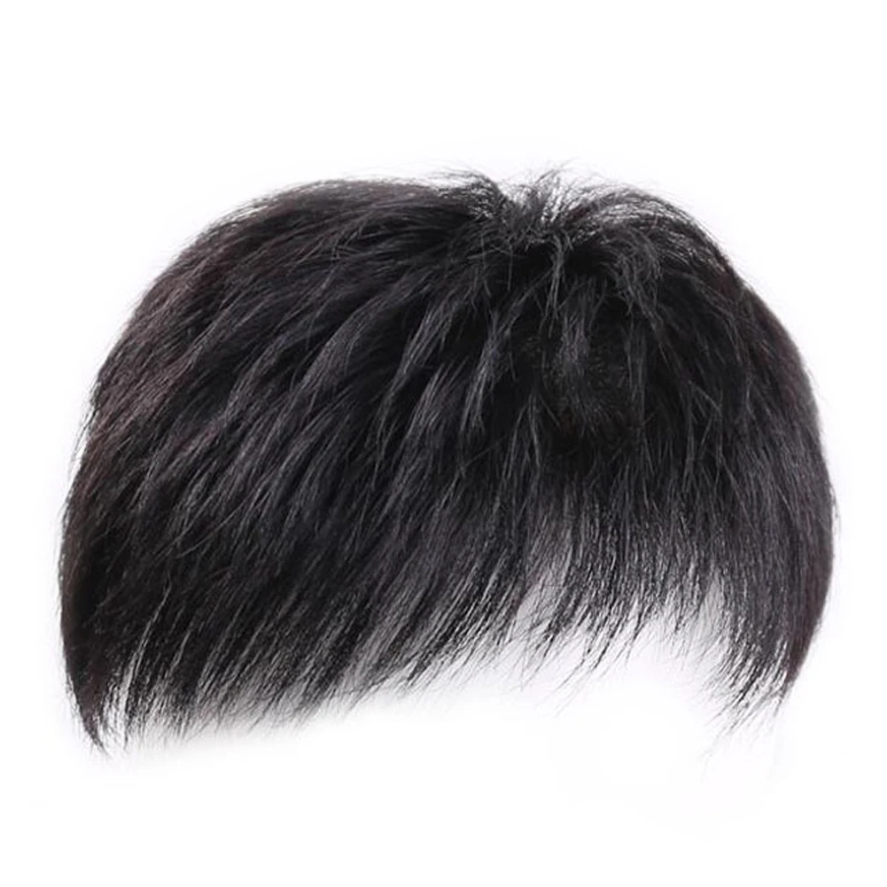 Men Clips-On Short Hair Wig Synthetic Head Top Replacement Block Natural Black Seamless Hair Patch Comfortable Hairpiece for Man