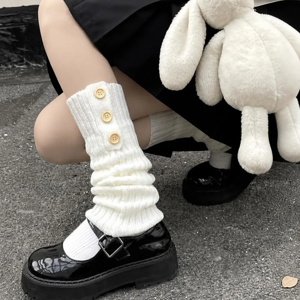 Crochet Lolita Leg Warmers Stretchy Retro Buttons Decoration Knitted Boot Cuffs Fluffy Black White Stretchy Boots Covers