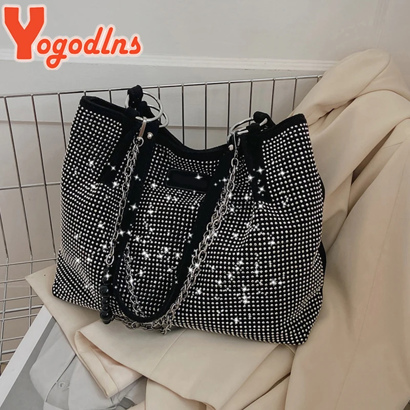 Yogodlns Luxury Rhinestone Bucket Bag For Women Fashion Brands Shouldr Bag Trendy Underarm Bag Shopping Handbag Purse Bolsa