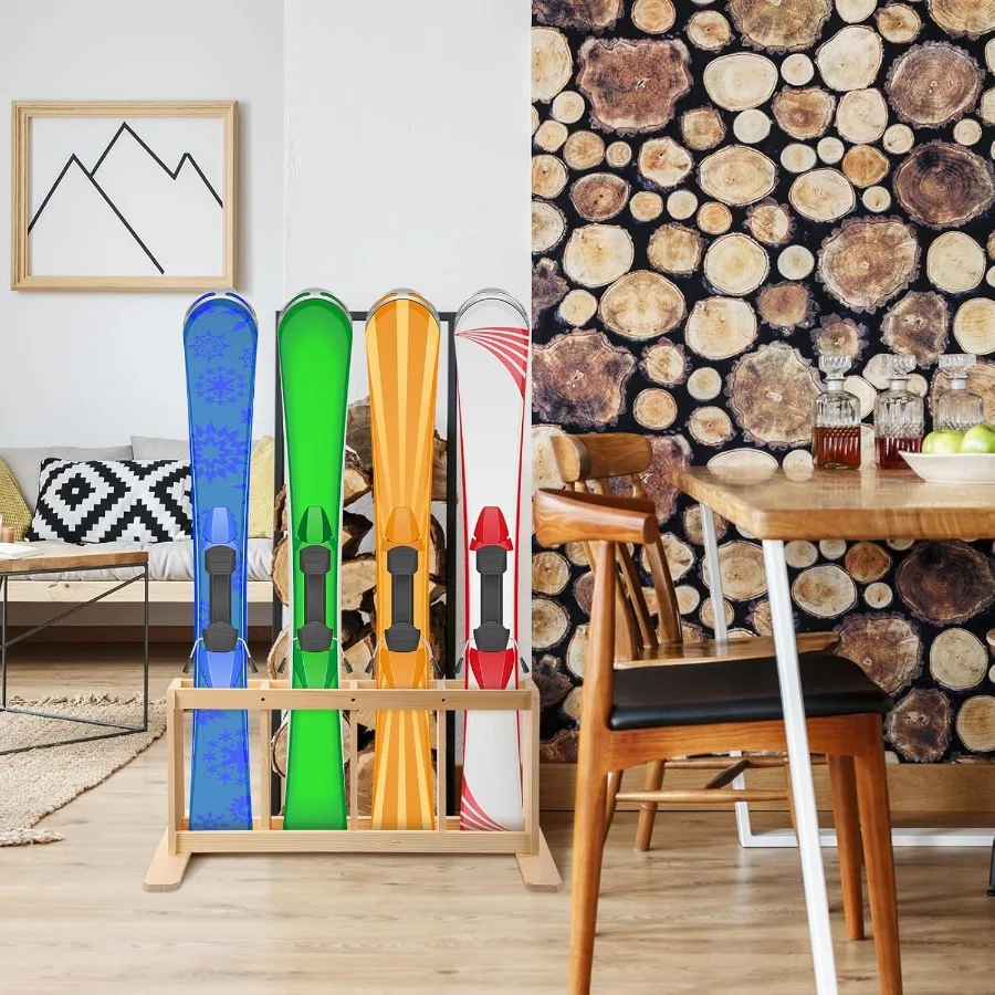 Portaoggetti da sci in legno Organizzatore da sci indipendente Porta sci per supporto da pavimento per garage Supporti da sci Supporto da pavimento per sci per 4 stivale da sci