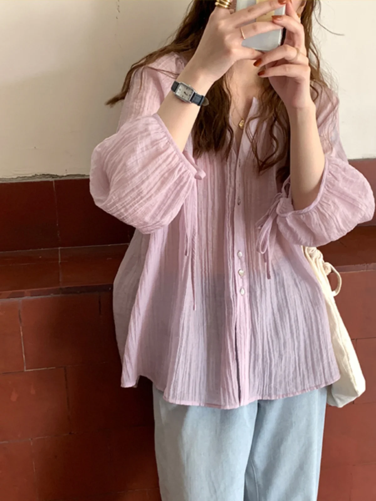 Loose Long Sve Women's irt V-Ne Japanese Sle Vintage Early Autumn New Sun Protection Button up Straight Cut Commute ...