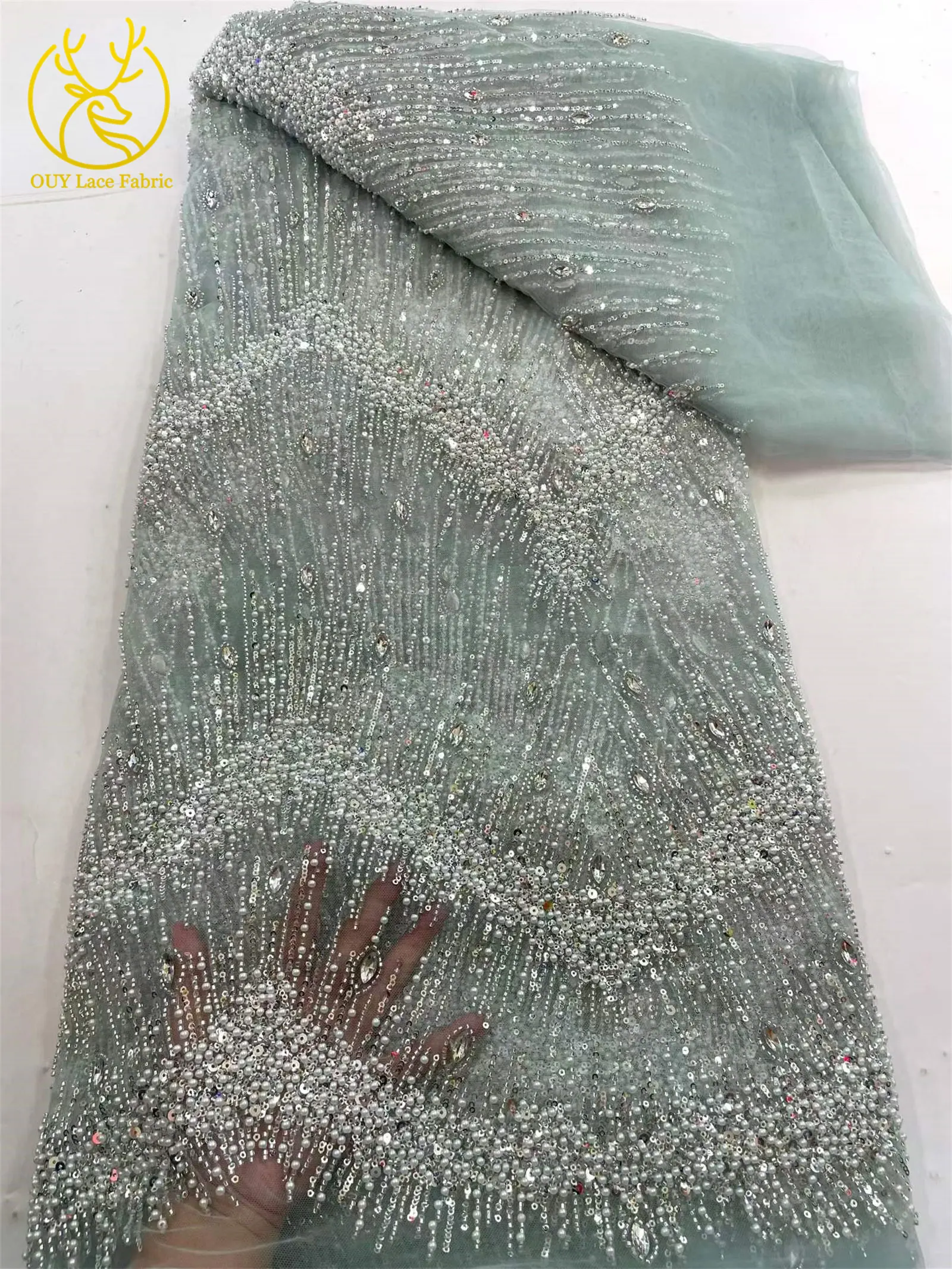 Rosa Hochzeitskleid, afrikanischer Pailletten-Spitzenstoff, 5 Yards, neuer französischer Stein-Pailletten-Tüll-Spitzenstoff für nigerianisches Hochzeitskleid – Detail 13