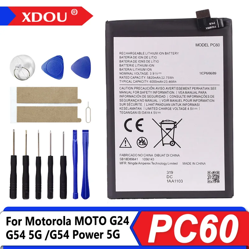 

Brand New PC60 6000mAh Battery For Motorola MOTO G24 G54 5G /G54 Power 5G phone Batteries + Tools