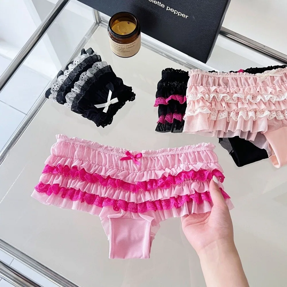 Cute Ruffle Lace Panties Layered Cake Design Low Waist Women's Underwear Bow Mesh Sweet Lace Briefs Daily Wear