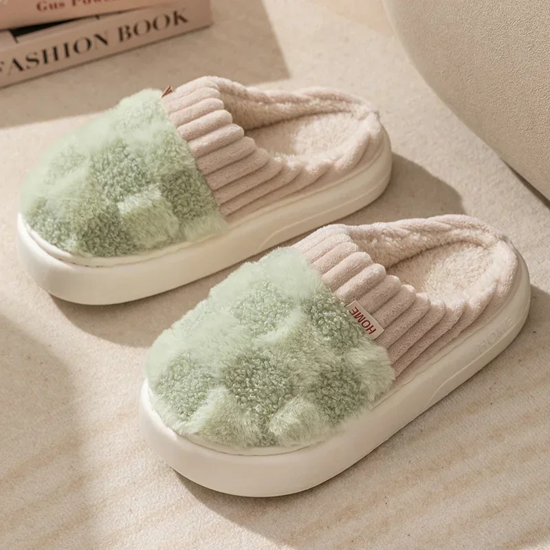 ฤดูใบไม้ร่วงฤดูหนาว Plush WARM ผู้หญิงรองเท้าแตะผ้าฝ้ายสบายๆในร่ม Home Toe Wrap สไลด์การ์ตูนผู้ชาย Anti SLIP หนาแพลตฟอร์มรองเท้านุ่ม