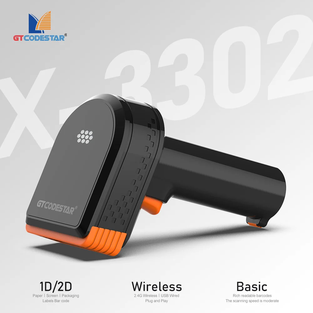 

GTCODESTAR X-3302 Беспроводной 2D-сканер штрих-кода 2,4G Устройство считывания QR-кода 1D Ручной считыватель штрих-кодов Проводной штрих-код для супермаркета