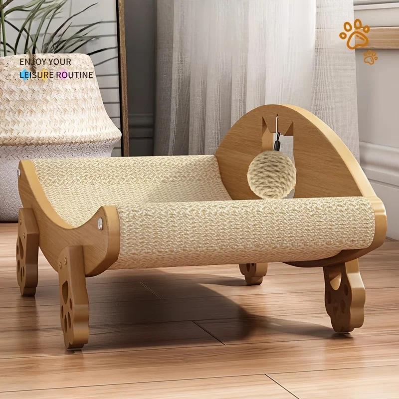 Natural sisal cat scratching board and lounge chair with hanging ball toy, wooden curved cat bed scratching pad