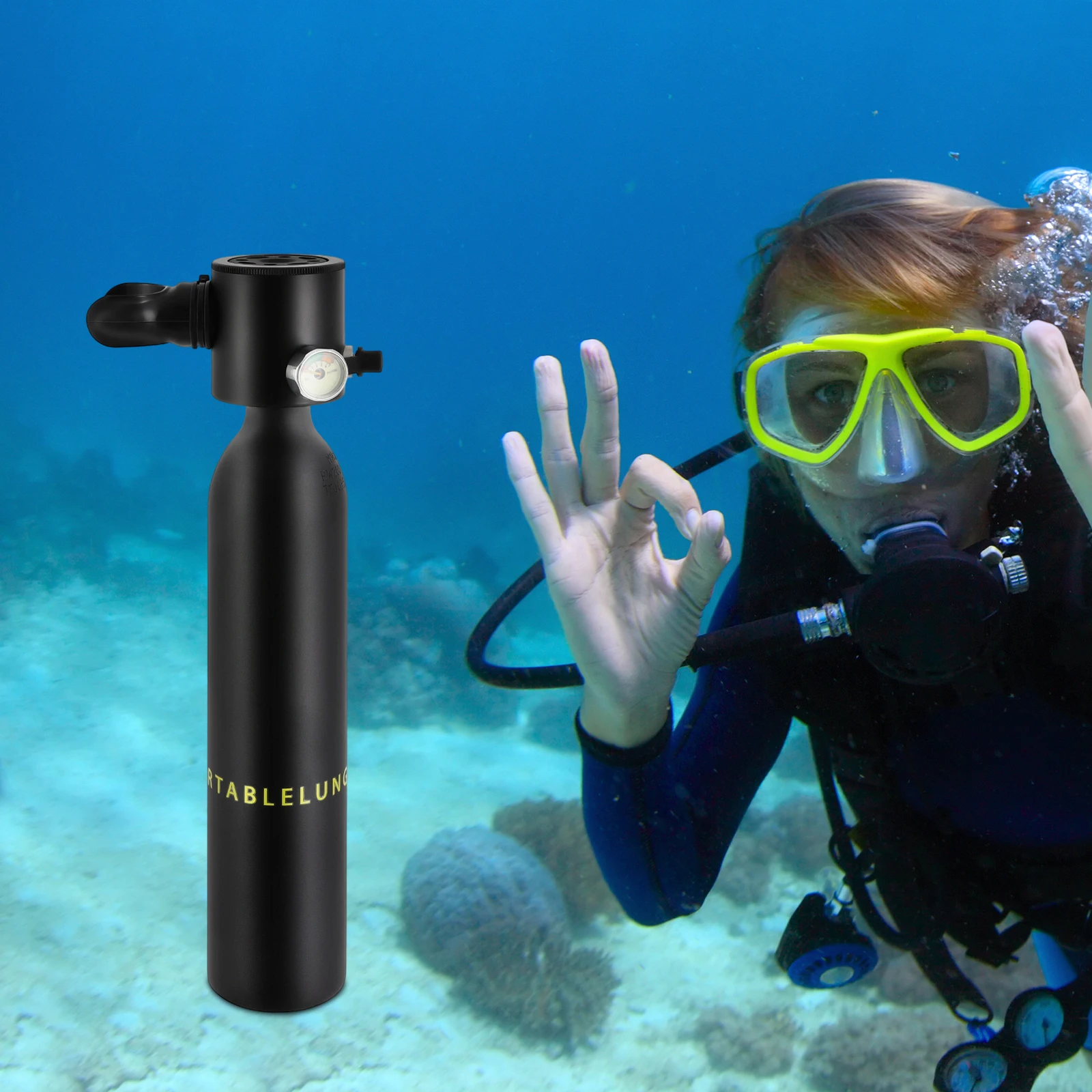 Tanque de Buceo Portátil de 0.5L, Cilindro de Respiración Subacuático, Tanque de Oxígeno Inflable para Buceo con Duración de 5-10 Minutos y Manómetro
