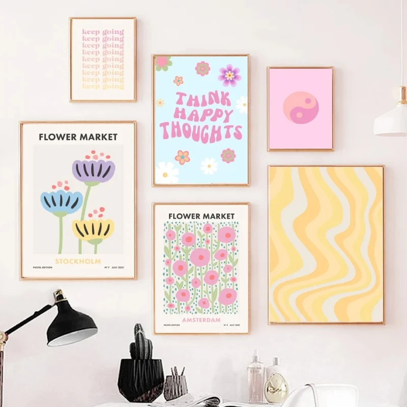 Abstract Danish Pastel Wall Art Poster Prints Purple Checkered Smiley Flower Canvas Painting Picture for Living Room Home Decor