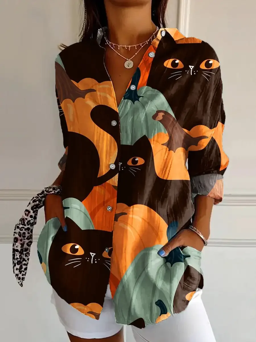 

Women's Halloween 3D Dark Witch Print Long Shirt Autumn Trendy Loose Casual Streetwear Cloting Halloween Party Ladies Blouses