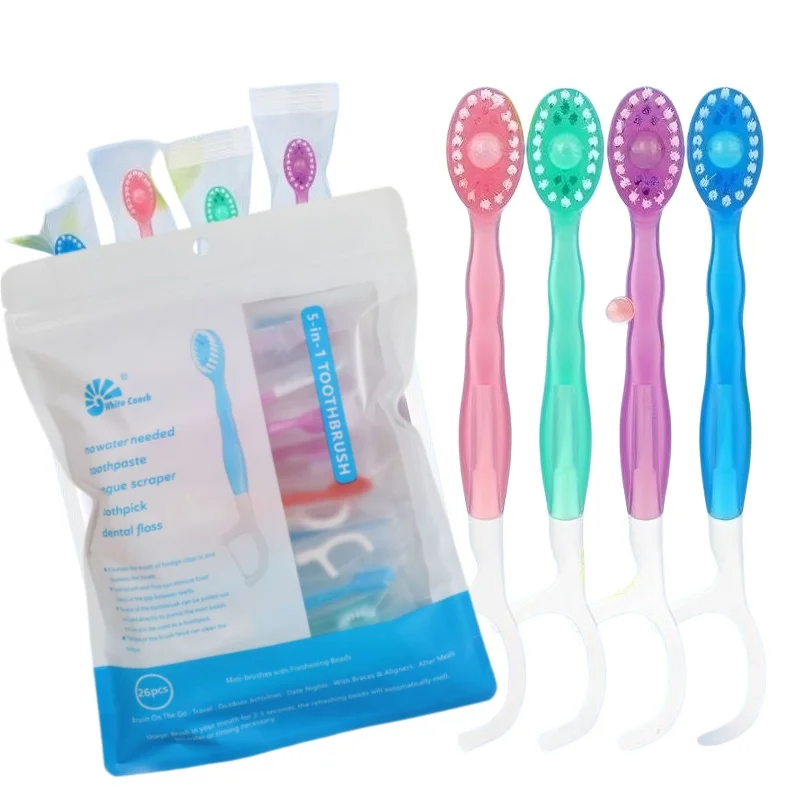 2/12Pcs Portable Travel Toothbrush With Dental Floss Five-in-one Bursting Bead Disposable Cleaning Toothbrush.~