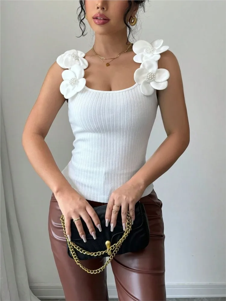 صيف جديد مزاجه المألوف عارضة ثلاثي الأبعاد زهرة الديكور محبوك بلوزة بلا أكمام