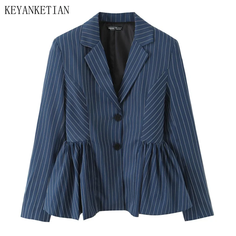 KEYANKETIAN خريف جديد المرأة مخطط واحدة الصدر منتفخ زهرة برعم هيم بأكمام طويلة دعوى سترة معطف المرأة