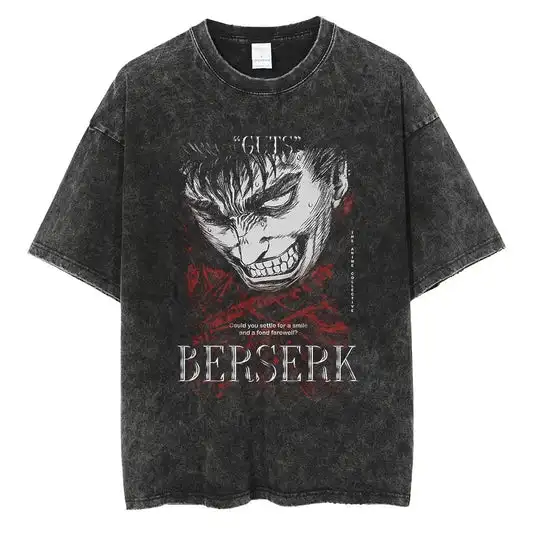 

Japanese Anime Berserk Retro Washed T-shirt Men and Women Summer Harajuku Y2K Clothing Casual Round Neck Short Sleeved Top