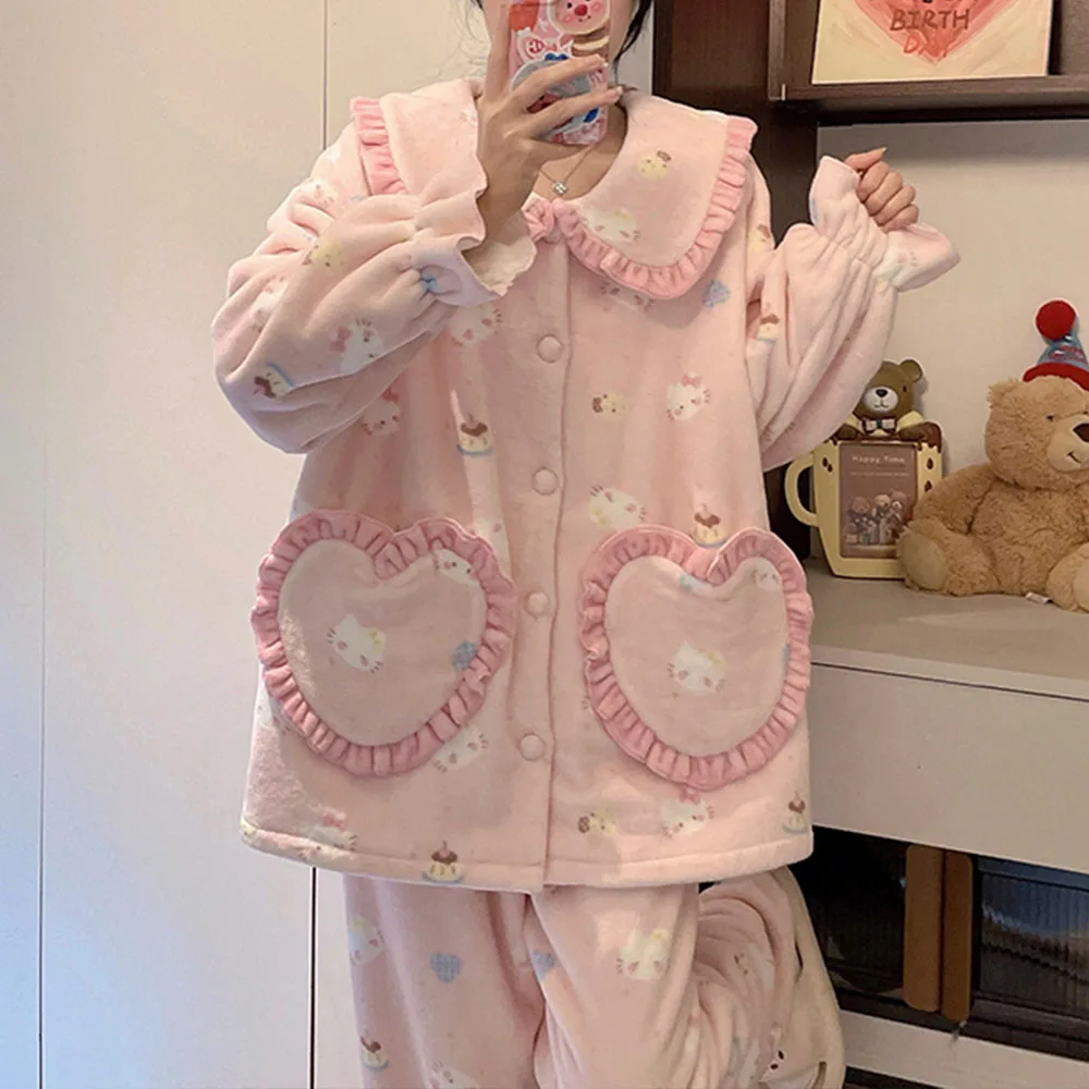 

Sanrio зимние женские коралловые бархатные милые фланелевые пижамы «Hello Kitty» с утолщенным кукольным воротником и длинными рукавами, теплая домашняя одежда принцессы
