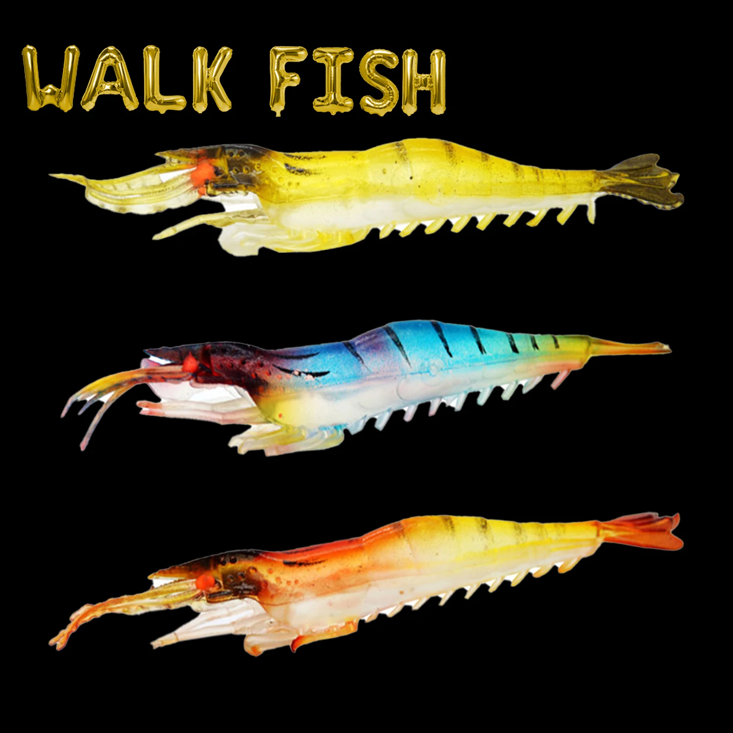 WALK FISH 5PCS 9CM/3.8G Shrimp Soft Bait Fish Bait Luminous Eye Simulated Grass Trough Hook Artificial Fish Bait