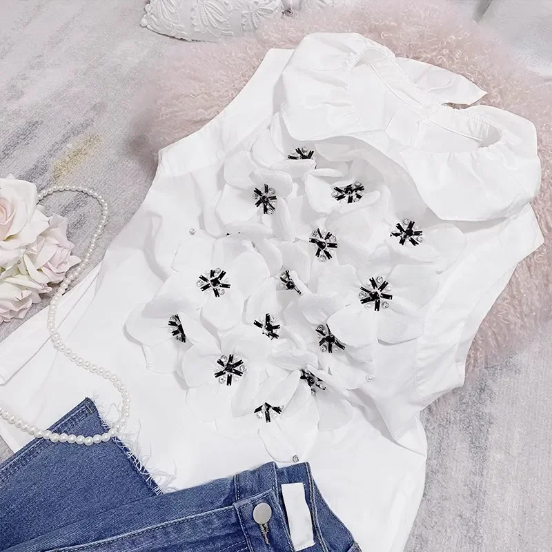 Sweet Three-Dimensional Flower Rhinestone Ruffled White Blouse Women Kawaii Chic Beaded Sleeveless Bottoming Shirt Short Tops