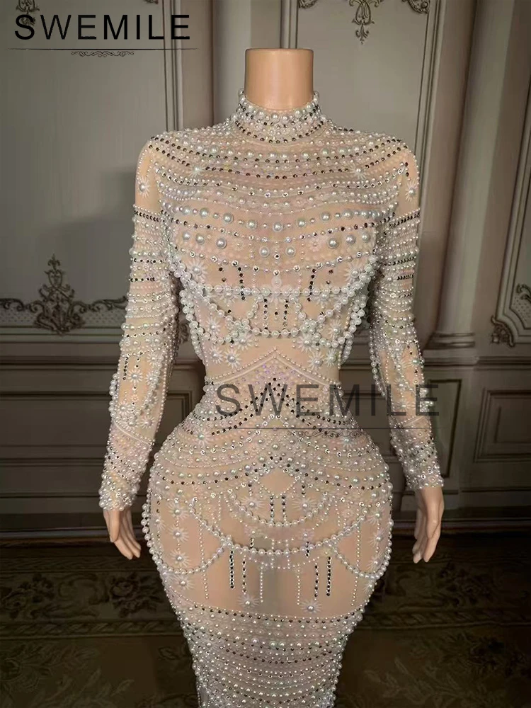 

SWEMILE Saudi Arabic Luxury Nude Pearls Crystal Mermaid Evening Dress 2025 Long Sleeve High Neck Muslim Women Prom Party Gowns