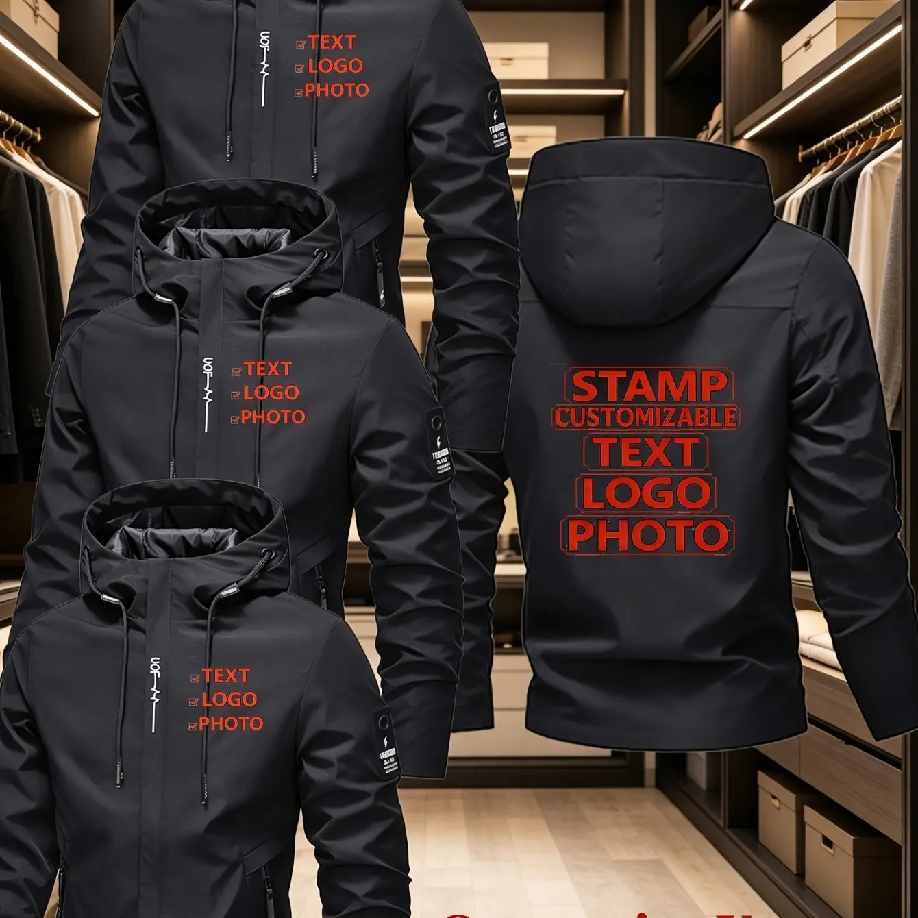 3-piece custom team workwear jacket with logo-printed hooded coat suitable for stores, exhibitions, and team-building events