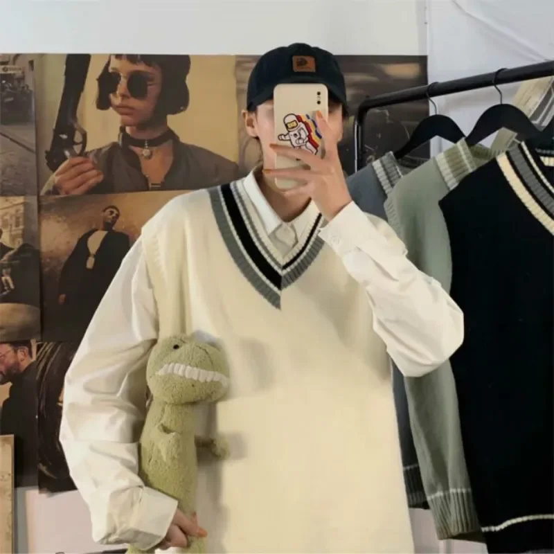 Мужской свитер, жилет в стиле пэчворк, простые вязаные свитера без рукавов со вставками, мужские свободные универсальные свитера с v-образным вырезом в корейском консервативном стиле, уличная одежда