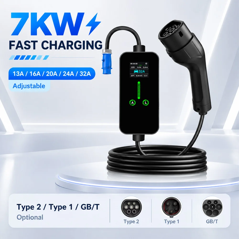 7.2KW 32A Portable Type2 IEC62196-2 EV Charger Type1 SAE J1772 Electric Car Charger GBT EVSE Charging Cable 3M-10M WiFi APP