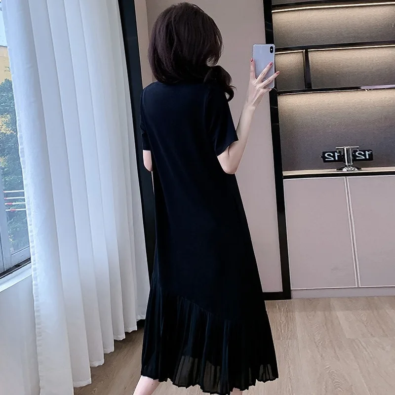 Plisowana Sukienka z Siateczkowymi Wstawkami, Długa, Luźna, Naszyjnik, Odpinana, Letnia Sukienka w Koreańskim Stylu na Lato 2025, Wyszczuplająca, z Okrągłym Dekoltem, Koszulowa Sukienka z Falbankami