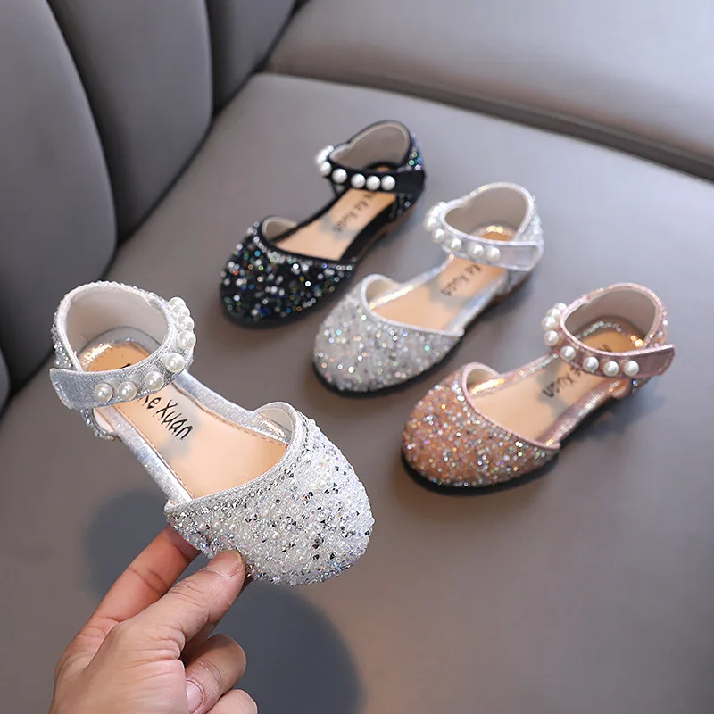 AINYFU Neue Mädchen Pailletten Flache Sandalen Kinder Mode Perle Wohnungen Hochzeit Schuhe kinder Bling Prinzessin Nicht-slip sandalen