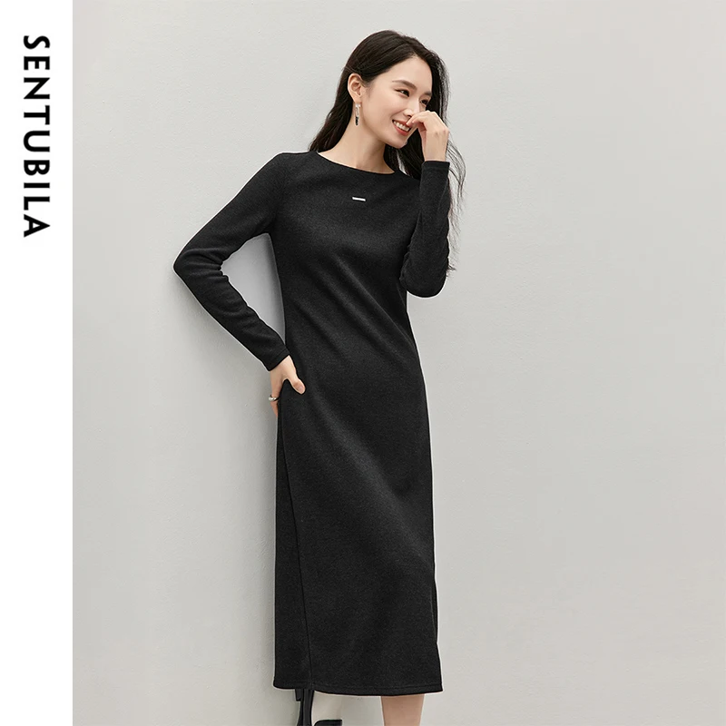 

SENTUBILA A-line Knitted Dress for Women 2024 Winter Commute Simple Solid Long Sleeve Midi Dresses Female Clothing 144L57151